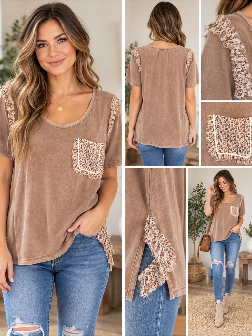 POL Washed Taupe Short-Sleeve Ruffle Pocket Top